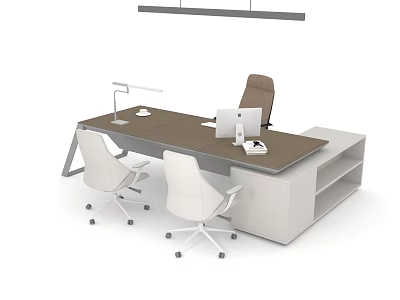 Modern Office Desk with Brown Top Laptop Desk Lamp White Cabinet and Three Chairs 3d model