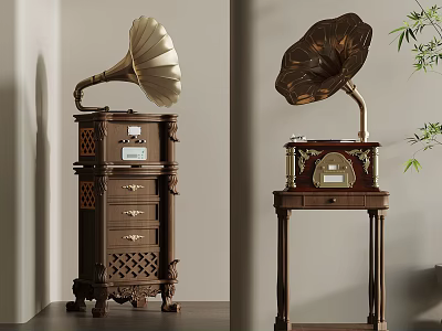 Vintage Wooden Gramophones With Large Horns And Ornate Carved Decorative Stands 3d model