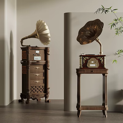 Vintage Wooden Gramophones With Large Horns And Ornate Carved Decorative Stands 3d model