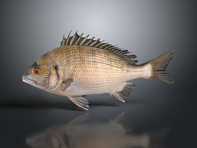Brown Striped Fish With Spiky Dorsal Fin And Orange Eyes On Gray Background With Reflection 3d model