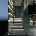Modern Bar Interior With Circular Lighting Bottle Filled Walls Central Counter Stools And Sofa Seats