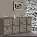Modern Wooden Entryway Cabinet Sideboard With Patterned Drawers And Decorative Items