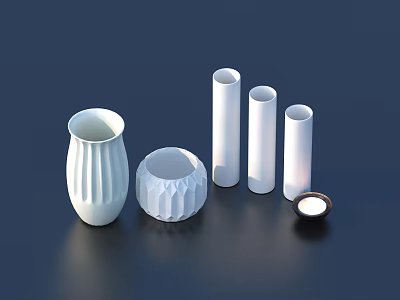 Modern White Vases And Various Shaped Containers With Small Lamp Accessory 3d model