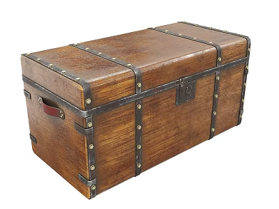 Vintage Wooden Trunk with Metal Straps Rivets and Leather Handle Classic Storage Design 3d model