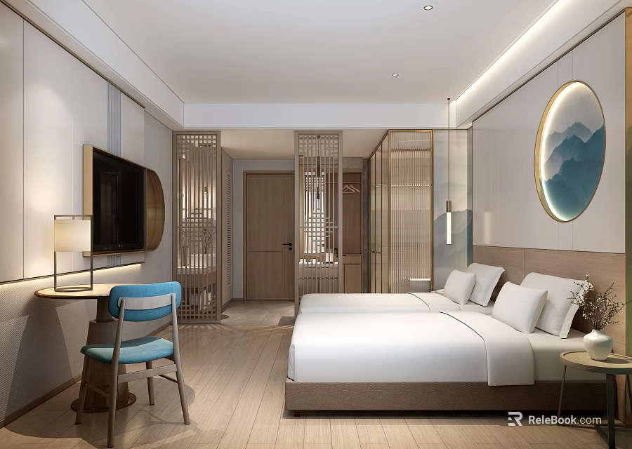 Modern Hotel Guest Room Interior With Double Bed Blue Chair And Circular Decorative Painting 3d model 