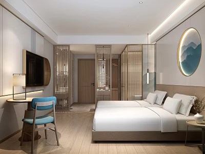 Modern Hotel Guest Room Interior With Double Bed Blue Chair And Circular Decorative Painting 3d model