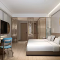 Modern Hotel Guest Room Interior With Double Bed Blue Chair And Circular Decorative Painting
