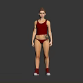 Woman wearing red tank top red shorts and red sneakers with tattoo against gray background