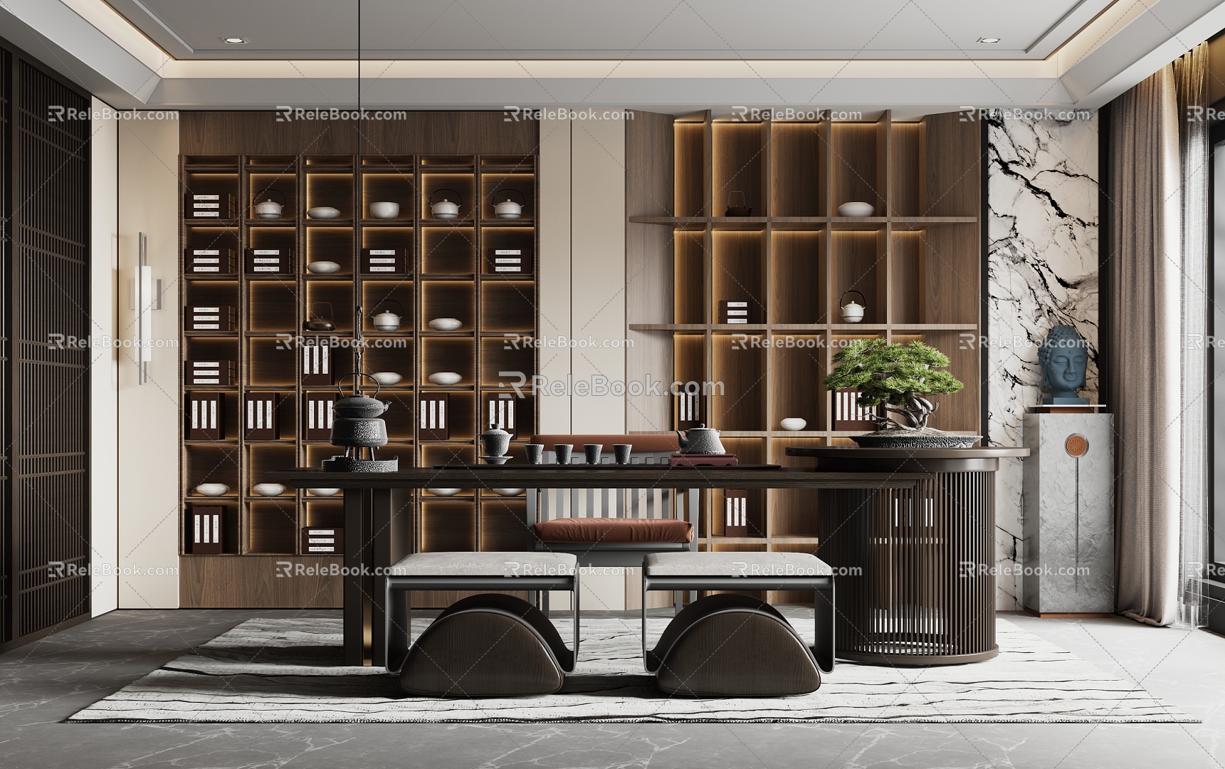 New Chinese Tea Room Tea Table and Chair Combination New Chinese Tea Cabinet Partition 3d model