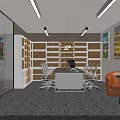 Modern Office Interior With Shelves Desk Orange Armchairs And Decorative Paintings