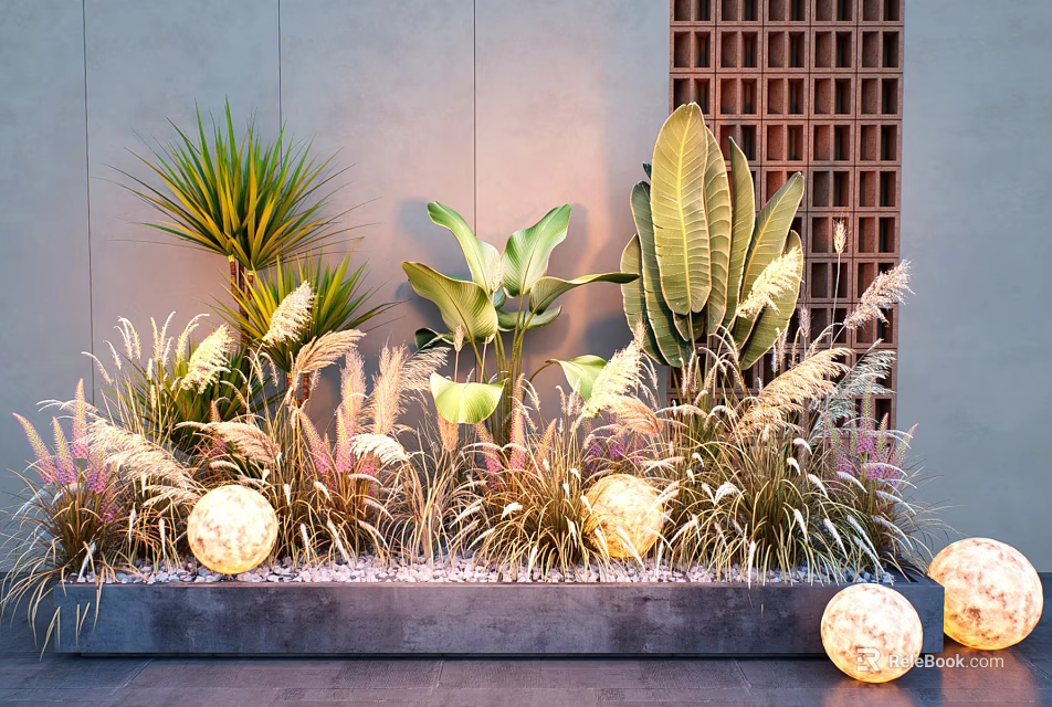 Lush Tropical Plants and Pampas Grass with Round Lanterns Against Gray Wall and Wooden Lattice 3d model 