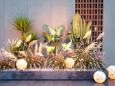 Lush Tropical Plants and Pampas Grass with Round Lanterns Against Gray Wall and Wooden Lattice 3d model