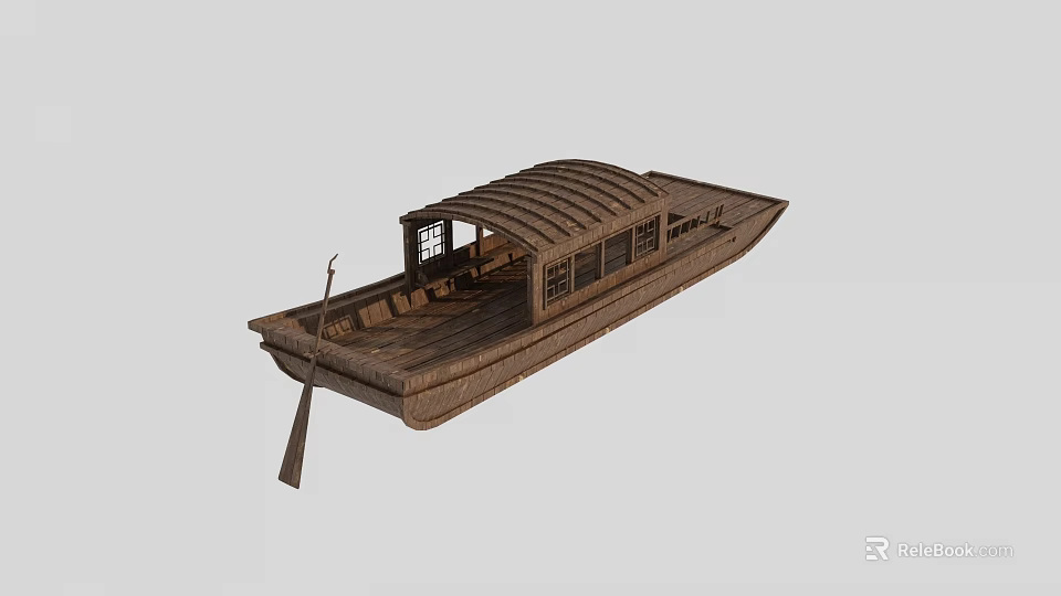Traditional Wooden Boat With Roofed Cabin Windows And Wooden Oar 3d model 