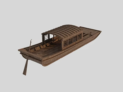 Traditional Wooden Boat With Roofed Cabin Windows And Wooden Oar 3d model