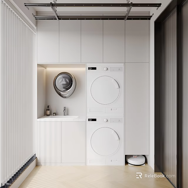 Modern Minimalist Home Balcony Design With White Cabinets Washing Machine Dryer Small Sink And Blinds 3d model 