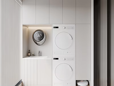 Modern Minimalist Home Balcony Design With White Cabinets Washing Machine Dryer Small Sink And Blinds 3d model