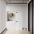 Modern Minimalist Home Balcony Design With White Cabinets Washing Machine Dryer Small Sink And Blinds