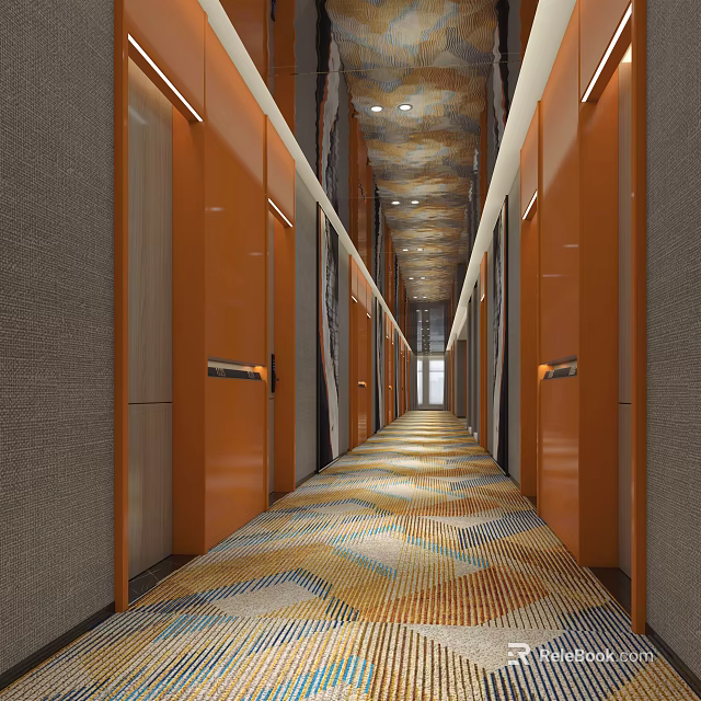 Elegant Hotel Corridor Interior Design With Orange Elevator Doors Colorful Geometric Carpet And Textured Walls 3d model 