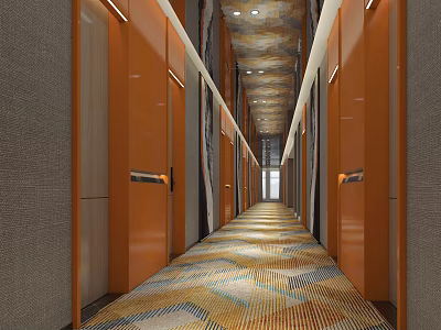 Elegant Hotel Corridor Interior Design With Orange Elevator Doors Colorful Geometric Carpet And Textured Walls 3d model