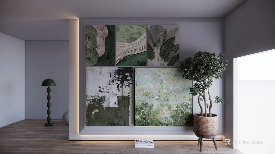 Abstract Paintings With Green Tones And White Black Accents In Interior Decor With Potted Plant 3d model 