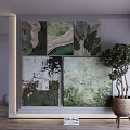 Abstract Paintings With Green Tones And White Black Accents In Interior Decor With Potted Plant