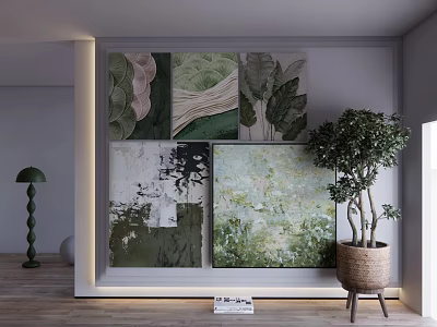 Abstract Paintings With Green Tones And White Black Accents In Interior Decor With Potted Plant 3d model