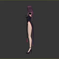 Game Movie Character Featuring Purple Hair Blue Qipao Dress Pink Accents Black Gloves High Heels