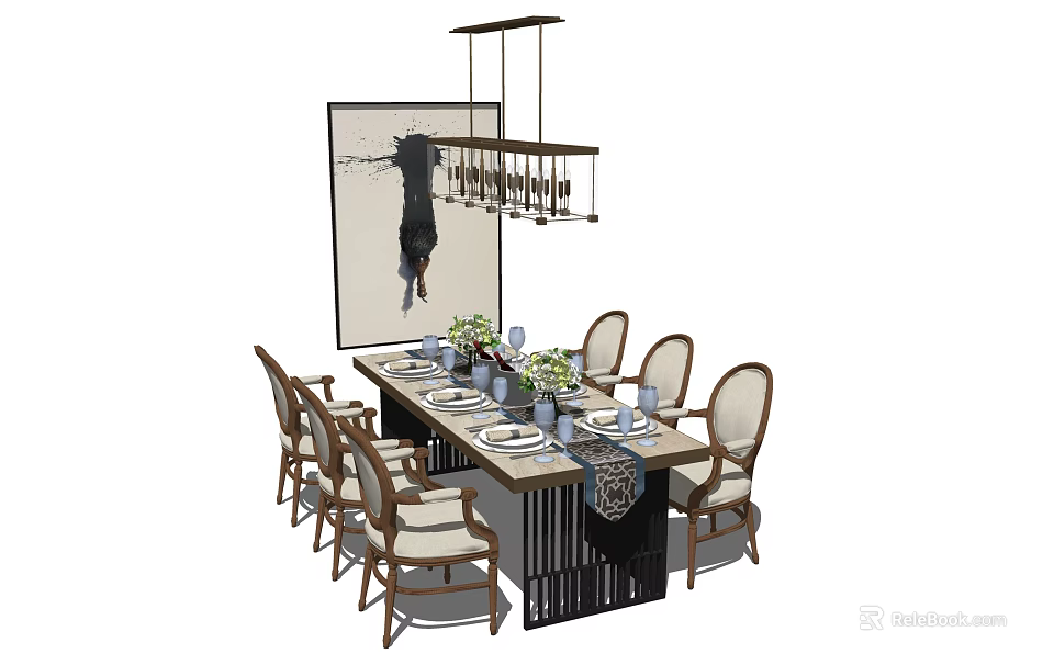 Elegant Dining Table Set With Matching Chairs Pendant Light And Decorative Painting 3d model 