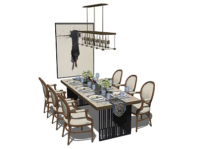 Elegant Dining Table Set With Matching Chairs Pendant Light And Decorative Painting 3d model