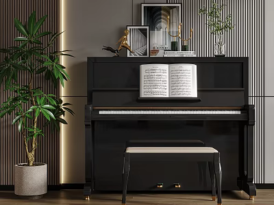 Black Upright Piano and Art Supplies with Open Sheet Music and Decorative Plants 3d model
