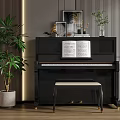 Black Upright Piano and Art Supplies with Open Sheet Music and Decorative Plants