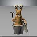 Orange Green Spotted Monster With Big Eyes Antennae Holding Fork In Striped Bucket Open Lid