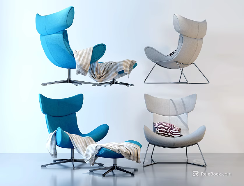 Modern Single Sofa In Blue And Gray With Cozy Blanket And Metal Legs 3d model 