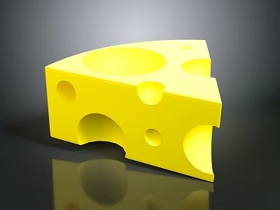 Bright Yellow Cheese Slice With Smooth Texture And Round Holes On Reflective Black Surface 3d model