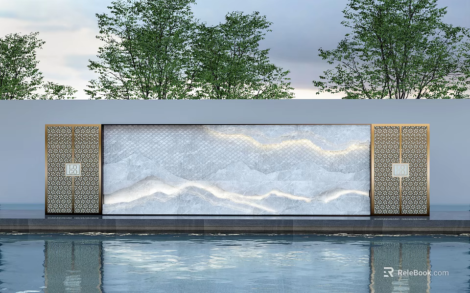 Modern Feature Wall With Marble Texture Lighting Effect And Water Pool Reflection Near Trees 3d model 