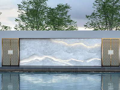 Modern Feature Wall With Marble Texture Lighting Effect And Water Pool Reflection Near Trees 3d model