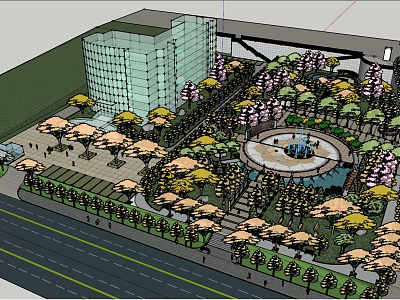 Urban Square Landscaped Design With Trees Circular Fountain Tall Building And Walkways 3d model