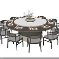 Modern Round Dining Table Set With Multiple Chairs Rotating Turntable Tableware And Green Plant 3d model