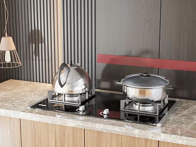 Modern Kitchen Appliance Gas Stove With Stainless Steel Pots Kettle On Marble Countertop 3d model