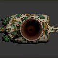 Ceramic Animal Vessel With Colorful Floral Patterns Green Yellow Accents Three Legs Red Rimmed Top