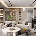 Modern Open Concept Living Dining Room with TV Wall Sofa Coffee Table and Green Plants 3d model