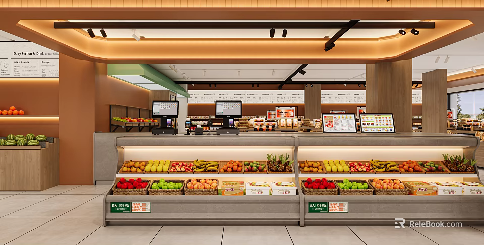 Bright Modern Fruit Store Interior With Neat Fresh Fruit Displays And Complete Checkout Facilities 3d model 