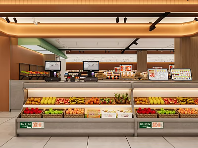 Bright Modern Fruit Store Interior With Neat Fresh Fruit Displays And Complete Checkout Facilities 3d model