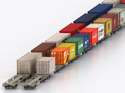 Long Line of Freight Train With Various Colored Container Cars on Railway Tracks 3d model