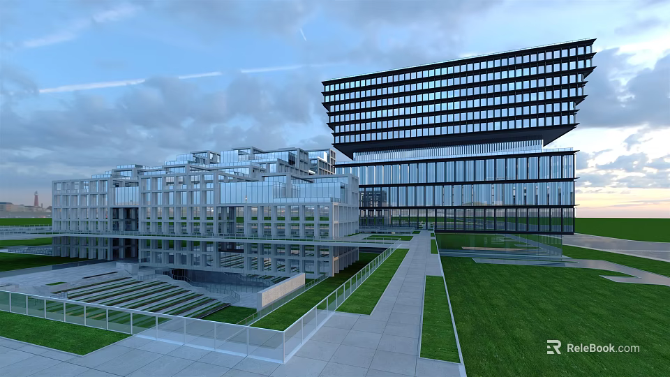 Modern Office Building With Glass Curtain Wall Lawn Walkway And Multi story Design 3d model 