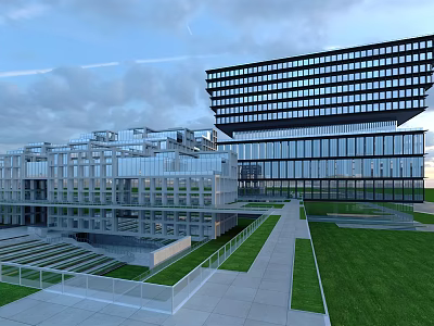 Modern Office Building With Glass Curtain Wall Lawn Walkway And Multi story Design 3d model