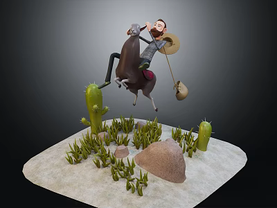 Adventurous Cartoon Character Riding Brown Horse In Desert With Green Cactus Grass And Rock 3d model
