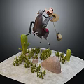 Adventurous Cartoon Character Riding Brown Horse In Desert With Green Cactus Grass And Rock