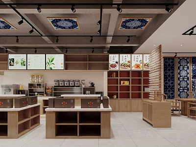 Modern Specialty Store Interior With Wooden Counters Shelves Display Screens And Decorative Ceiling 3d model