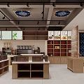 Modern Specialty Store Interior With Wooden Counters Shelves Display Screens And Decorative Ceiling